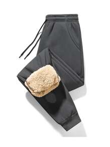 男士素色抽繩保暖衛褲 - 深灰色 - 查看 3