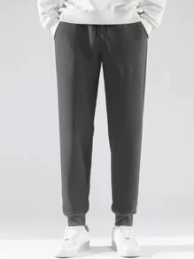 男士素色抽繩保暖衛褲 - 深灰色 - 查看 5