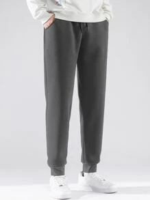 男士素色抽繩保暖衛褲 - 深灰色 - 查看 6