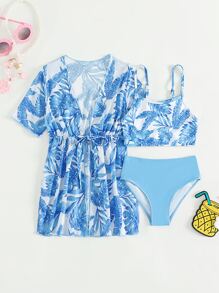 年轻女孩热带印花比基尼套装与和服配套套装夏季海滩 - 藍白色 - 查看 1