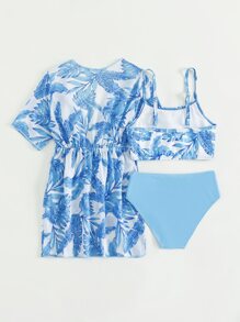 年轻女孩热带印花比基尼套装与和服配套套装夏季海滩 - 藍白色 - 查看 2