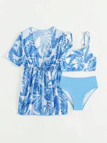 年轻女孩热带印花比基尼套装与和服配套套装夏季海滩 - 藍白色 - 查看 4