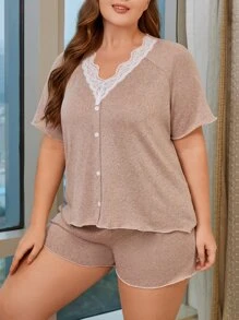 Plus Contrast Lace Raglan Sleeve PJ Set - Dusty Pink - View 1