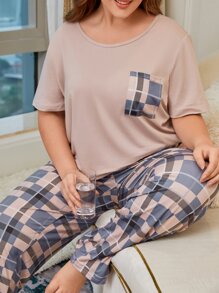 Plus Plaid Print Pocket Patched PJ Set - Multicolor - View 5