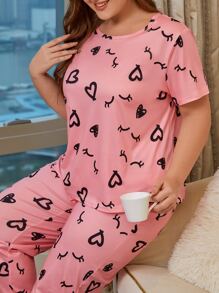 Conjunto de pijama con estampado de corazón talla grande - Rosa - Ver 3