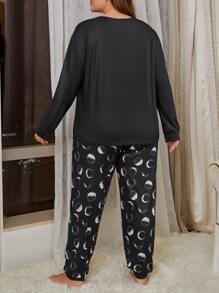 Conjunto de pijama luna & con estampado de letra - Negro - Ver 2