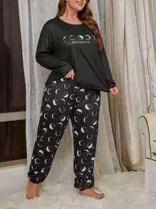 Conjunto de pijama luna & con estampado de letra - Negro - Ver 4