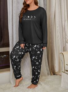Conjunto de pijama luna & con estampado de letra - Negro - Ver 5