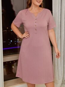 Plus Waffle Knit Quarter Button Nightdress - Dusty Pink - View 4