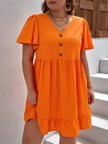 SHEIN VCAY Đầm Plus Size Viên lá sen Nút phía trước màu trơn Boho - trái cam - Xem 1