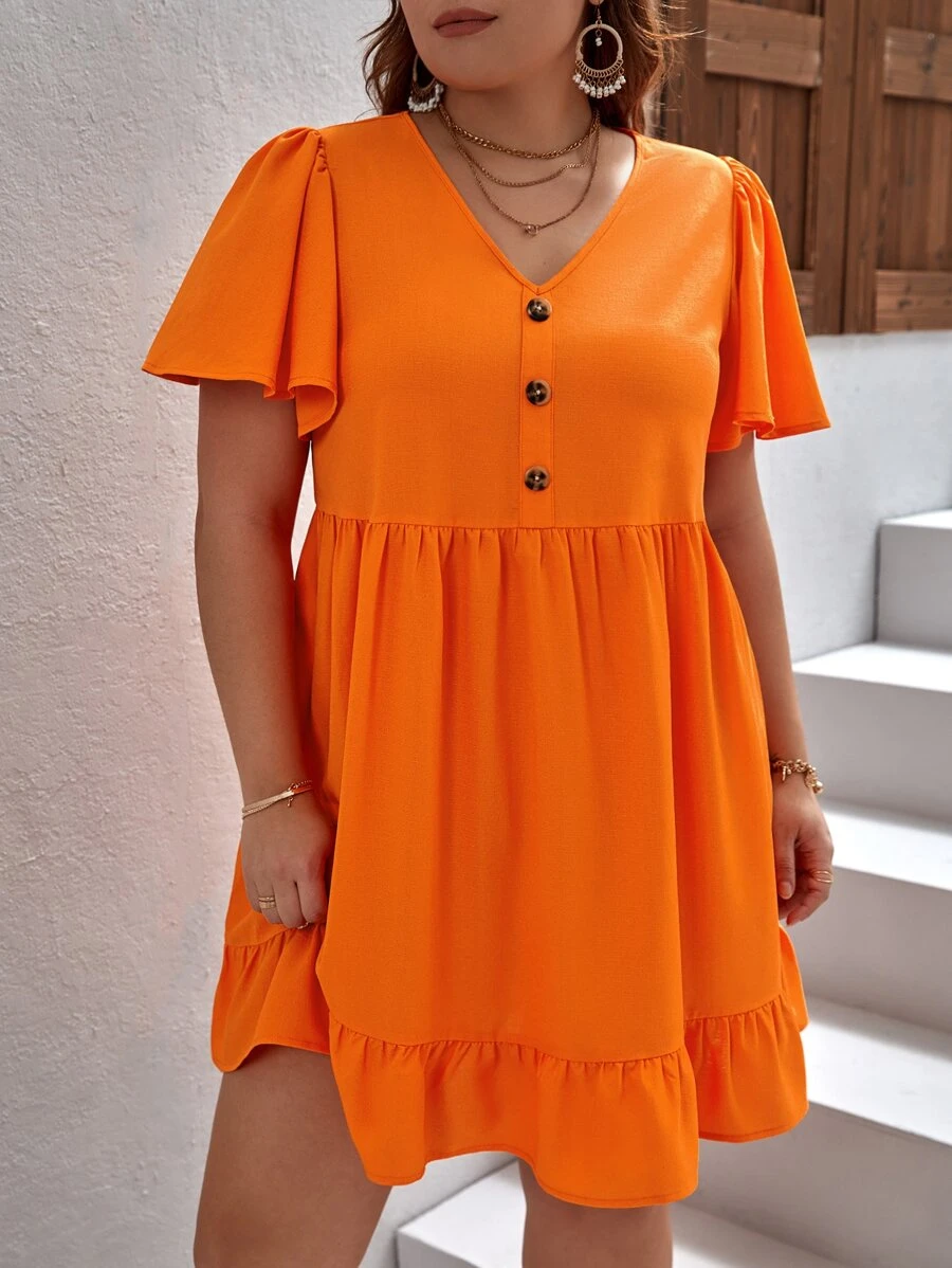 SHEIN VCAY Đầm Plus Size Viên lá sen Nút phía trước màu trơn Boho - trái cam - Xem 1