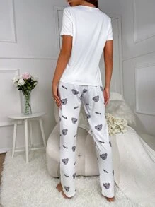 Conjunto de pijama con estampado de dibujos animados y letra - Blanco - Ver 2