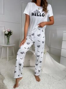 Conjunto de pijama con estampado de dibujos animados y letra - Blanco - Ver 3