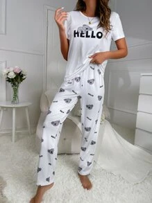 Conjunto de pijama con estampado de dibujos animados y letra - Blanco - Ver 5