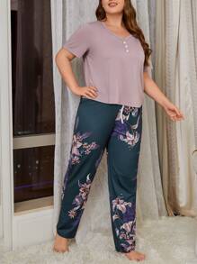 Plus Floral Print PJ Set - Multicolor - View 4