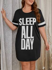 Plus Slogan Graphic Nightdress - Black - View 1