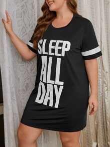 Plus Slogan Graphic Nightdress - Black - View 5