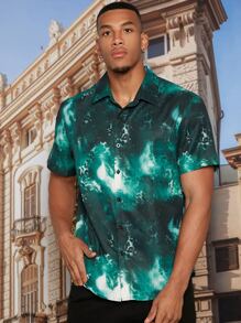 Manfinity Men's Loose Fit Tie Dye Button Front Shirt - Dark Green - View 1