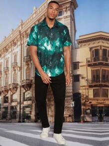 Manfinity Men's Loose Fit Tie Dye Button Front Shirt - Dark Green - View 3