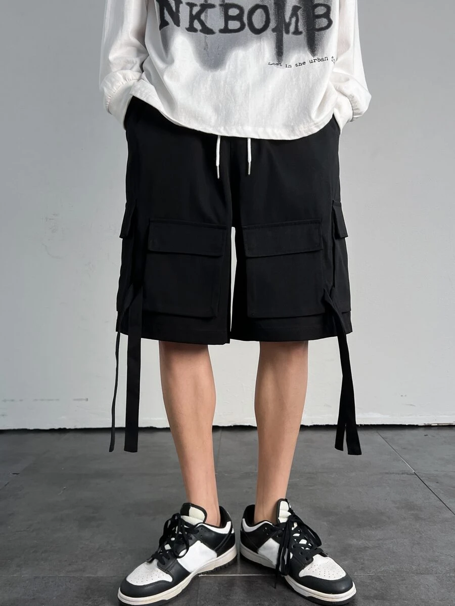 Manfinity Hombres Shorts con bolsillo con solapa con diseño de cinta de cintura con cordón cargo