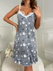 印花蕾絲邊吊帶睡裙