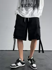 Manfinity Hombres Shorts con bolsillo con solapa con diseño de cinta de cintura con cordón cargo