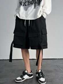 Manfinity Hombres Shorts con bolsillo con solapa con diseño de cinta de cintura con cordón cargo