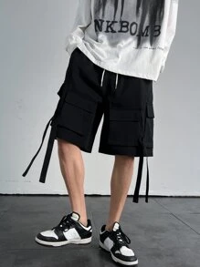 Manfinity Hombres Shorts con bolsillo con solapa con diseño de cinta de cintura con cordón cargo