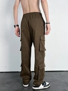 Manfinity Men Flap Pocket Drawstring Waist Cargo Trousers - Coffee Brown - View 2