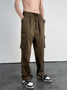 Manfinity Men Flap Pocket Drawstring Waist Cargo Trousers - Coffee Brown - View 4