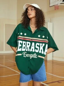 SHEIN EZwear Áo sơ mi nữ Nút phía trước Hình học Lá thư Giải trí - Màu xanh lá cây đậm - Xem 2