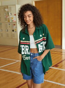 SHEIN EZwear Áo sơ mi nữ Nút phía trước Hình học Lá thư Giải trí - Màu xanh lá cây đậm - Xem 4