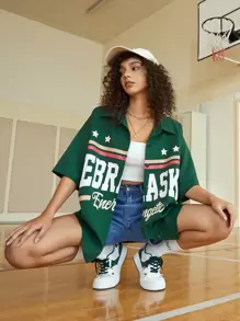 SHEIN EZwear Áo sơ mi nữ Nút phía trước Hình học Lá thư Giải trí - Màu xanh lá cây đậm - Xem 1