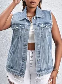 SHEIN Essnce Plus Flap Pocket Vest Denim Jacket - Light Wash - View 2