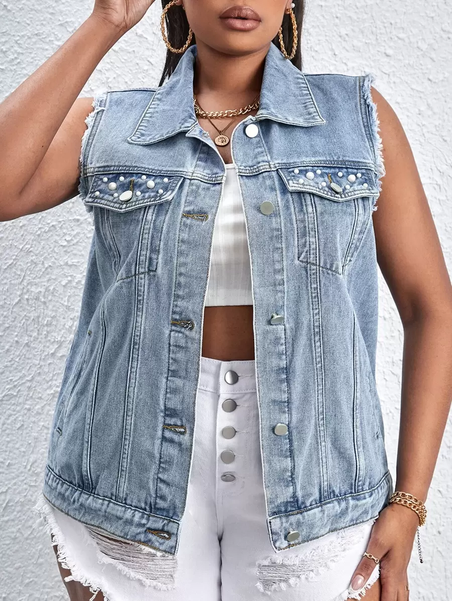 SHEIN SXY Kích thước lớn Của phụ nữ Kết cườm Denim Áo khoác vest - Rửa nhẹ - Xem 1