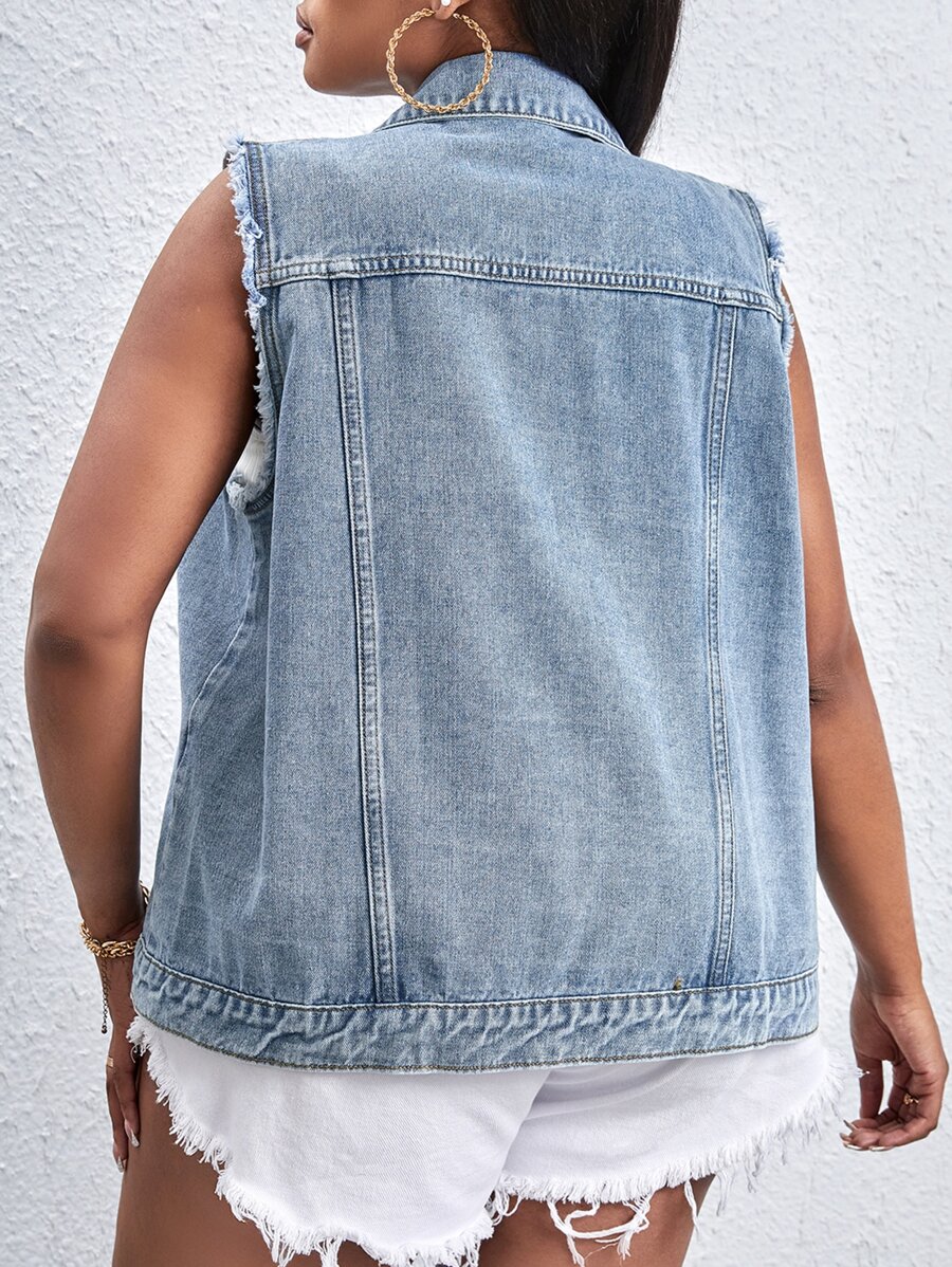 SHEIN Essnce Plus Flap Pocket Vest Denim Jacket - Light Wash - View 1