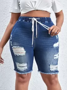 SHEIN SXY Plus Drawstring Waist Ripped Raw Cut Denim Shorts - Dark Wash - View 1