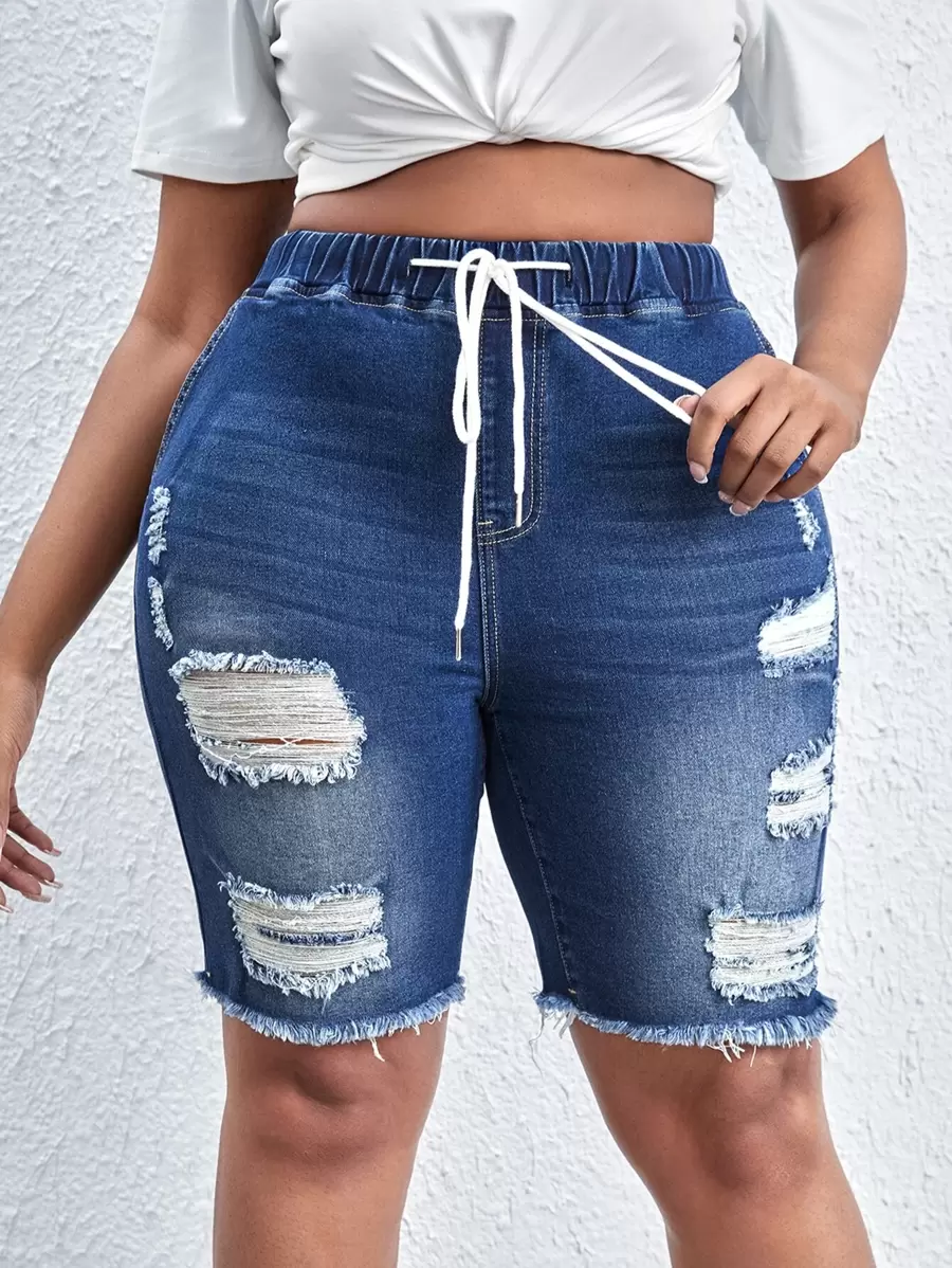 SHEIN SXY Plus Drawstring Waist Ripped Raw Cut Denim Shorts - Dark Wash - View 1