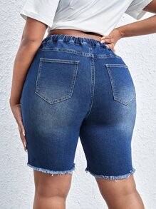 SHEIN SXY Plus Drawstring Waist Ripped Raw Cut Denim Shorts - Dark Wash - View 2