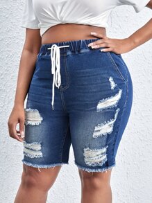 SHEIN SXY Plus Drawstring Waist Ripped Raw Cut Denim Shorts - Dark Wash - View 4