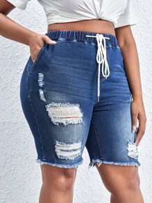 SHEIN SXY Plus Drawstring Waist Ripped Raw Cut Denim Shorts - Dark Wash - View 6