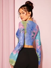 SHEIN BAE Tie Dye Cut Out Knot Front Tee - Multicolor - View 2