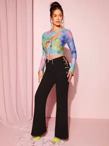 SHEIN BAE Tie Dye Cut Out Knot Front Tee - Multicolor - View 5