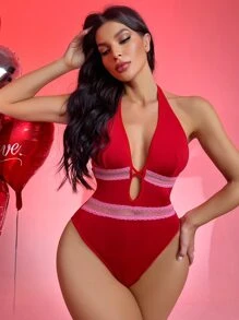 Contrast Lace Plunge Teddy Bodysuit - Red - View 5