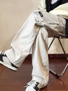 Claim Dot Men Letter Patched Detail Flap Pocket Side Drawstring Waist Trousers - Beige - View 8