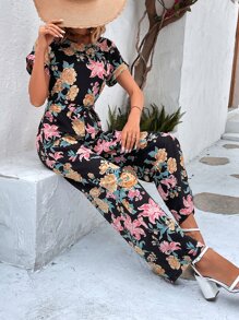 SHEIN VCAY Allover Floral Print Wide Leg Belted Jumpsuit - Black - View 1