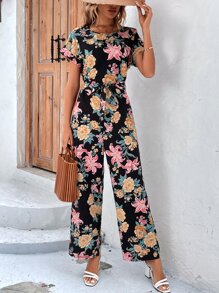 SHEIN VCAY Allover Floral Print Wide Leg Belted Jumpsuit - Black - View 5