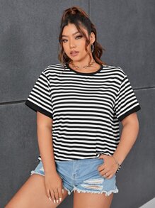 SHEIN EZwear Großen Größen Gestreiftes T-Shirt mit Kontrastbindung, Sommer