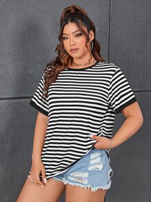 SHEIN EZwear Großen Größen Gestreiftes T-Shirt mit Kontrastbindung, Sommer