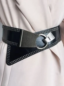 Studded Decor Asymmetrical Buckle Elastic Belt - Black - View 1